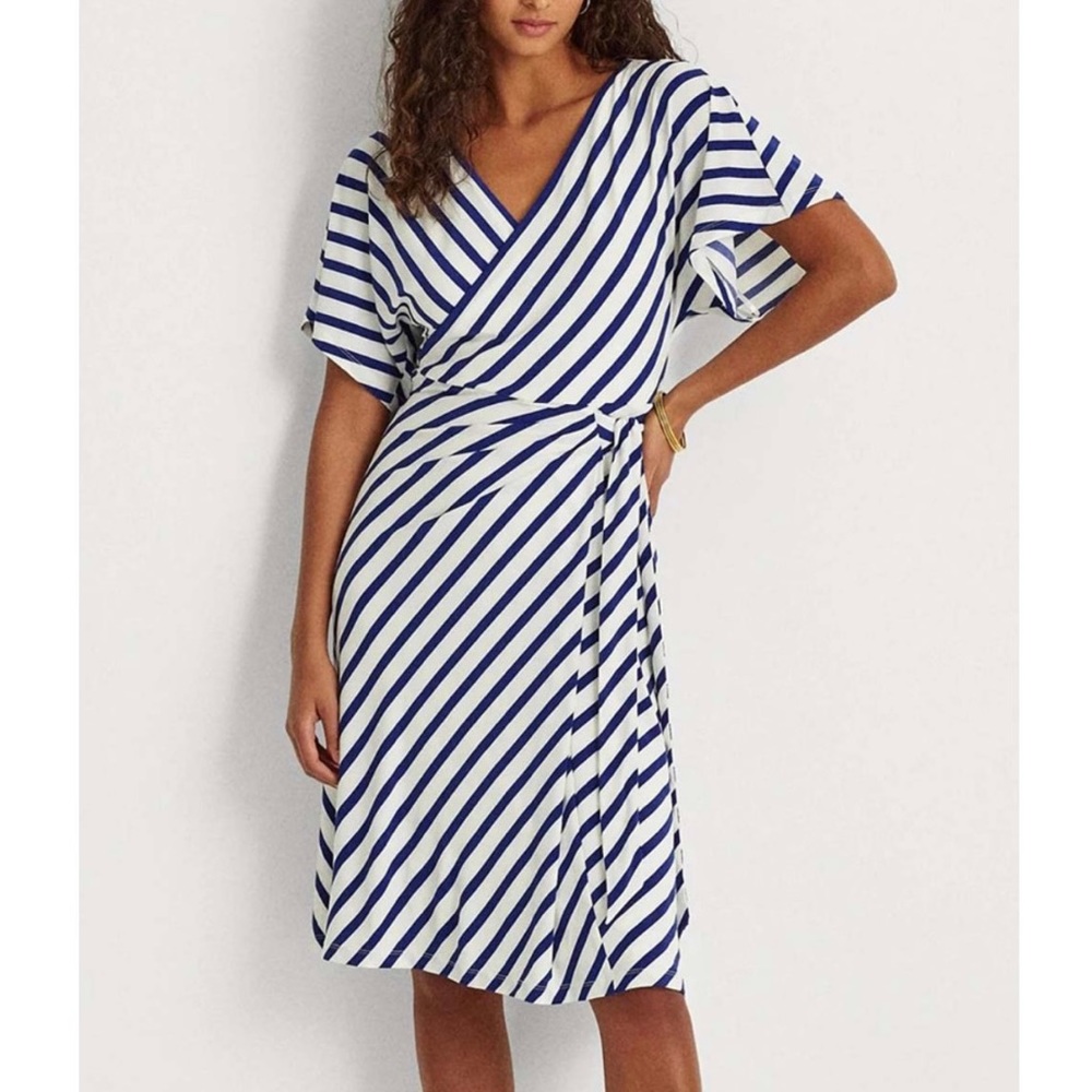 Ralph Lauren flutter sleeve tie waist faux wrap dress, blue and white, size 6